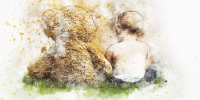 Watercolour of a teddy and young child