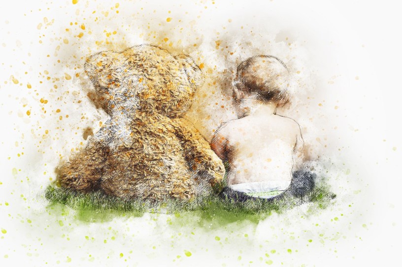 Watercolour of a teddy and young child